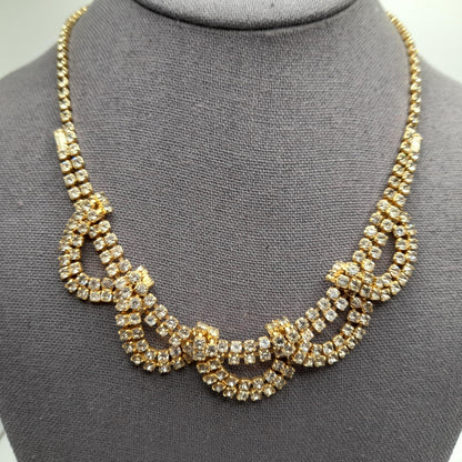 Vintage Looped Clear Rhinestone Necklace, Gold Tone, 1950s
