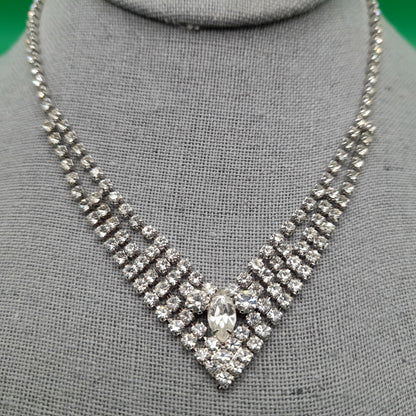Eisenberg Ice Clear Rhinestone Necklace, Mid-Century Rhodium Plated, 1960s Vintage Jewelry