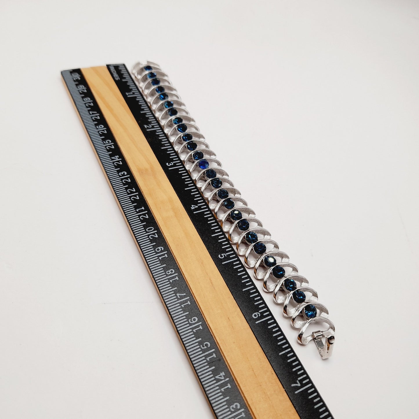 Vintage Crown Trifari Blue Rhinestone Bracelet – Rhodium Plated – 6.75 Inches