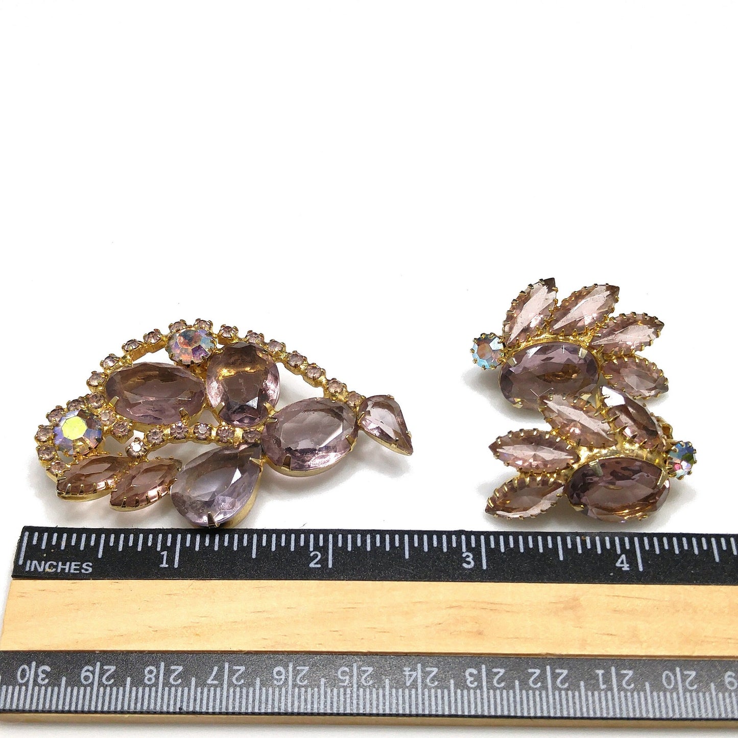 Lavender Rhinestone Brooch & Earrings, Aurora Borealis, 1960s Vintage Jewelry