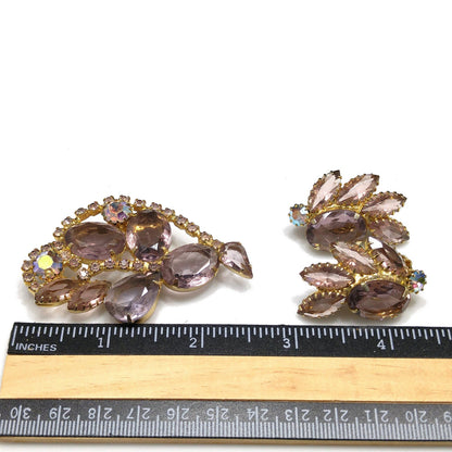 Lavender Rhinestone Brooch & Earrings, Aurora Borealis, 1960s Vintage Jewelry