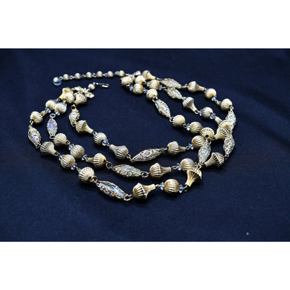 Vendome Gold Tone Crystal Beaded Necklace, 3 Strands, 1950s Vintage