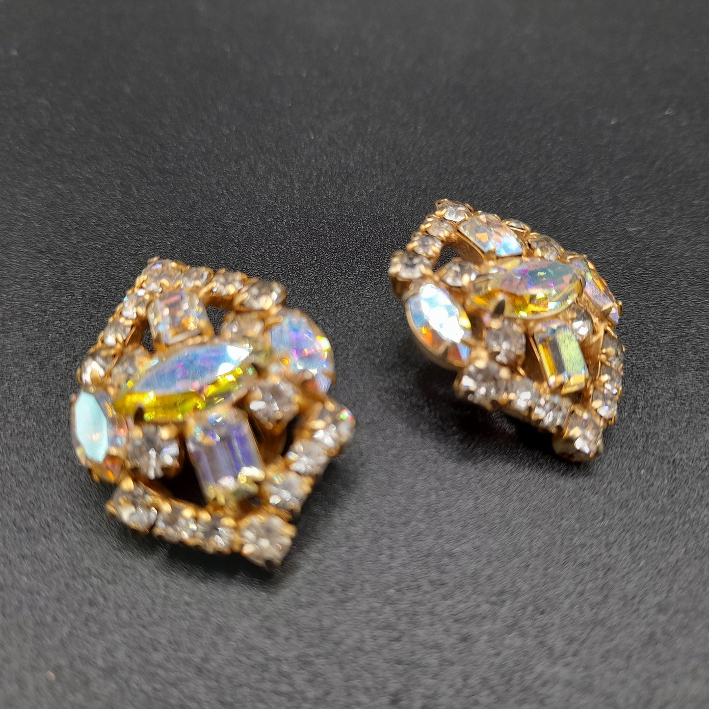 LaRoco Aurora Borealis Clip Earrings, Designer Gold Plated, 1960s Vintage Jewelry