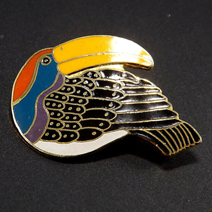 Laurel Burch Toucan Brooch, Gold Plated Cloisonne & Enamel, 1980 Vintage Jewelry