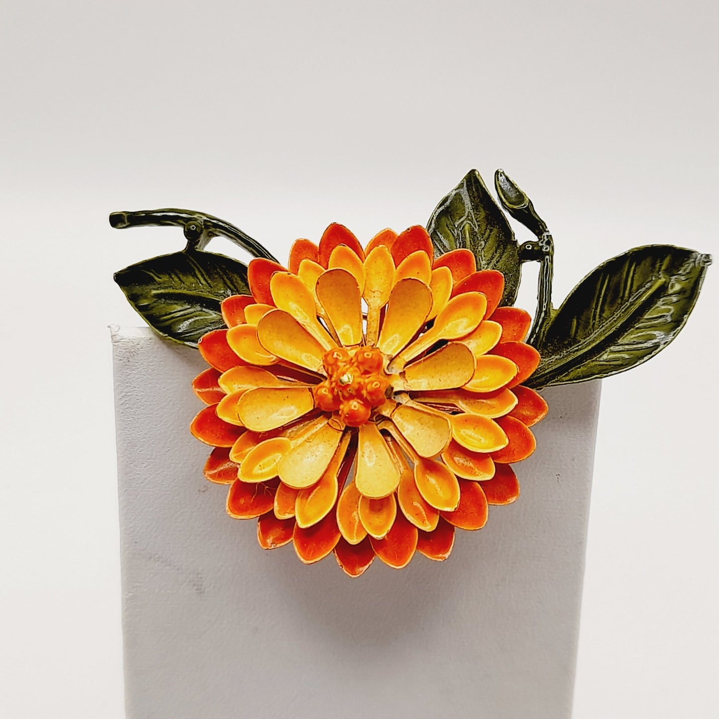 Vintage 1960s Orange Green Enamel Flower Brooch