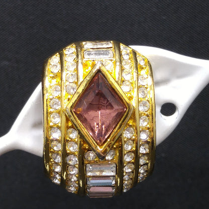 Vintage Christian Dior Earrings – 1980s Gold Plated Half Hoop Pave Rhinestone & Purple Crystal – Signed Chr. Dior Pat. 2733491