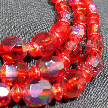 Czech Red Glass Beaded Necklace & Earrings, Fire Polished Red Beads, 1950s Vintage Jewelry