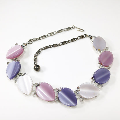Vintage Lisner Leaves Necklace, Lavender Pink White Lucite, 1950s