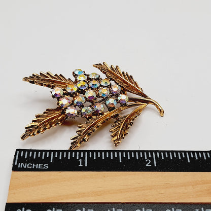 Vintage 1970s Leaf Blooms Aurora Borealis Rhinestone Brooch - 2 1/2 Inches
