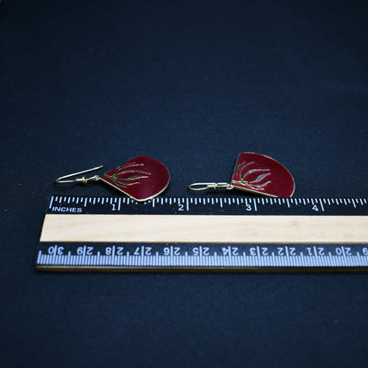Laurel Burch "Willow Fan" Earrings, Gold Plated, Cloisonne Red Enamel, 1980s