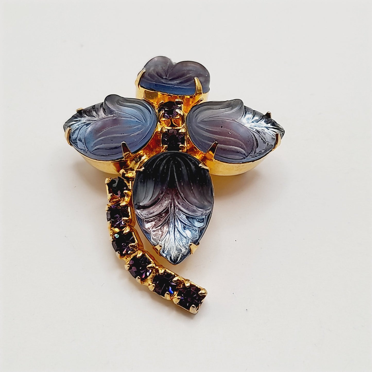 Vintage Purple Glass Leaf Brooch, Gold Plated Floral Pin, Amethyst Rhinestone Accents, 1950s Jewelry, Juliana Style Costume Brooch