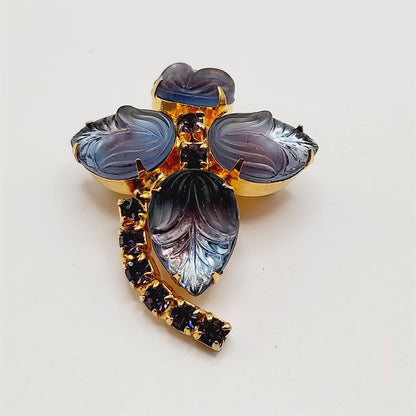 Vintage Purple Glass Leaf Brooch, Gold Plated Floral Pin, Amethyst Rhinestone Accents, 1950s Jewelry, Juliana Style Costume Brooch