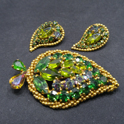 Vintage Weiss Green Brooch Earrings Set, Vitrail Green Rhinestone Leaves, Gold Plated