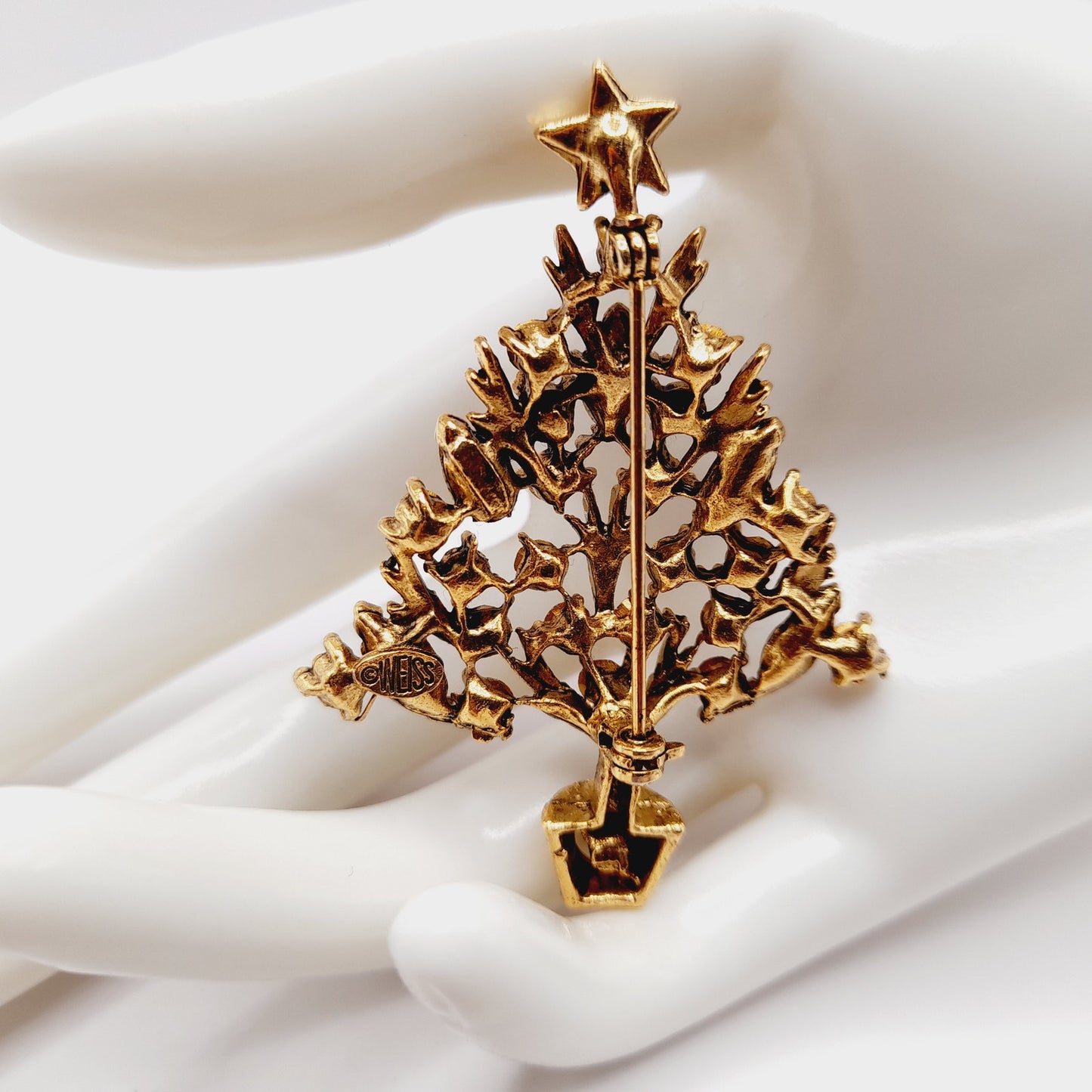 WEISS Opalescent & Purple Rhinestone Christmas Tree Brooch Vintage Holiday Pin