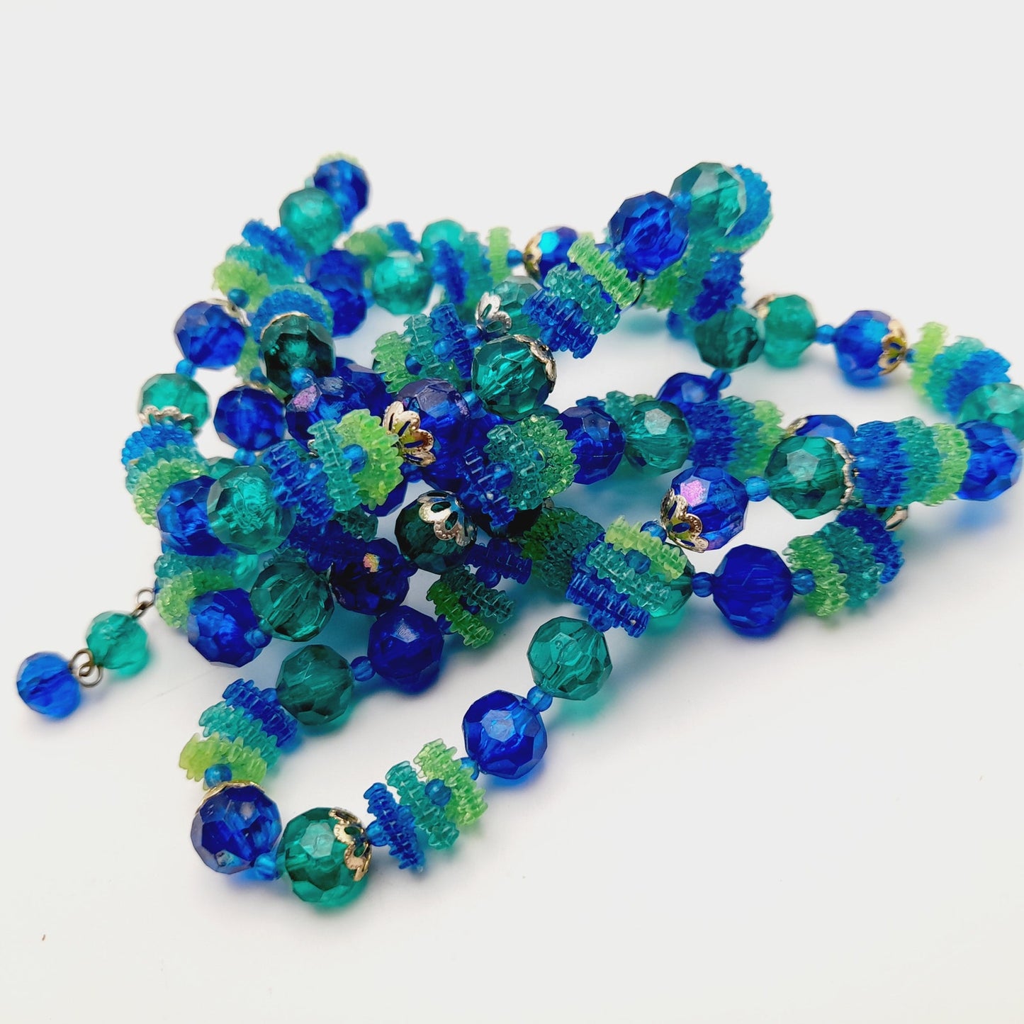Vintage Hong Kong Early Plastic Two Strand Beaded Necklace, Green Blue Beads