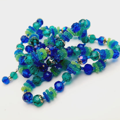 Vintage Hong Kong Early Plastic Two Strand Beaded Necklace, Green Blue Beads