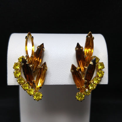 Yellow Topaz Rhinestones Brooch & Earrings, Gold Plated, 1960s Vintage Jewelry