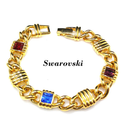 Vintage Swarovski Gold Plated Bracelet – Swan Logo, Red Blue Purple Crystals – 1980s