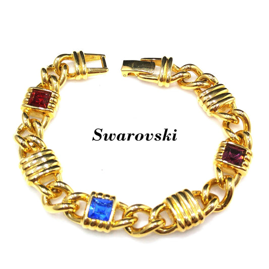 Vintage Swarovski Gold Plated Bracelet – Swan Logo, Red Blue Purple Crystals – 1980s