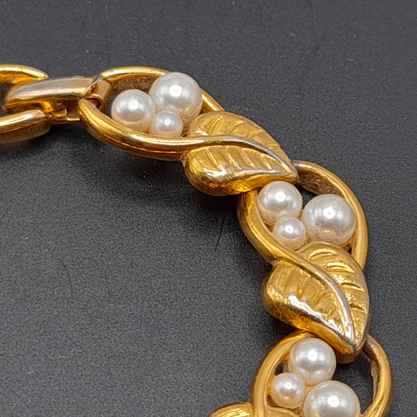 Vintage Napier 1980s Faux Pearl Leaves Gold Tone Bracelet, Pat. #4.774.743
