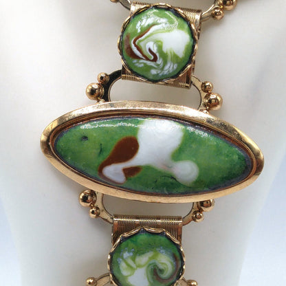 Mid-Century Enamel Book Chain Bracelet, Green Brown White Gold, 1950s Vintage Jewelry