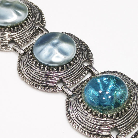 Mid-century Silver Tone Five Link Bracelet, Gold Plated, Blue Lucite Pearled & Clear