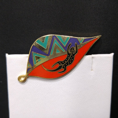 Laurel Burch "Leaf Lizard" Brooch & Pendant, Cloisonné Gold Plated, Enamel, 1980s Vintage Jewelry