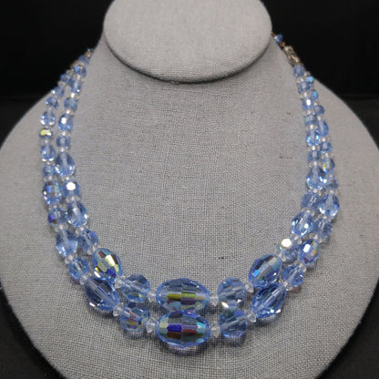 Mid Century Light Blue Oval Crystal Bead Necklace, Two Strands Graduated Sizes, 1950s Vintage Jewelry