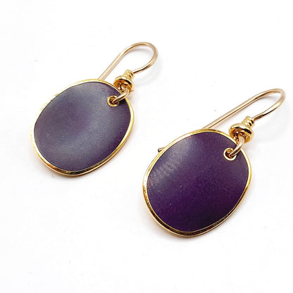 Laurel Burch Purple Enamel Earrings, Vintage Gold Plated Drop Earrings, 1980s Artistic Designer Jewelry