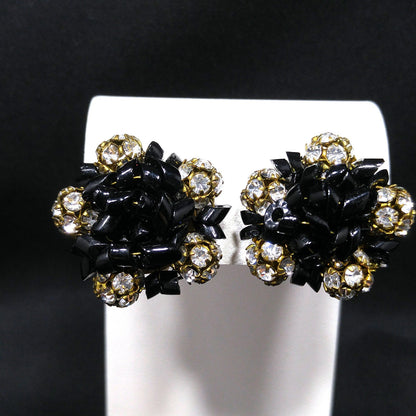Carnegie Rhinestone Earrings, Black Glass Beads, 1950s Vintage Jewelry