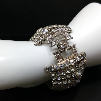 Mid Century Clear Rhinestone Wide Bracelet, 22K Gold Plate, 1950s Vintage Jewelry