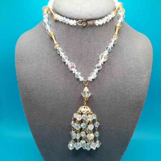 Clear Aurora Borealis Tassel Necklace, Bicone Round Aspirin Crystal Beads, 1960s Vintage Jewelry