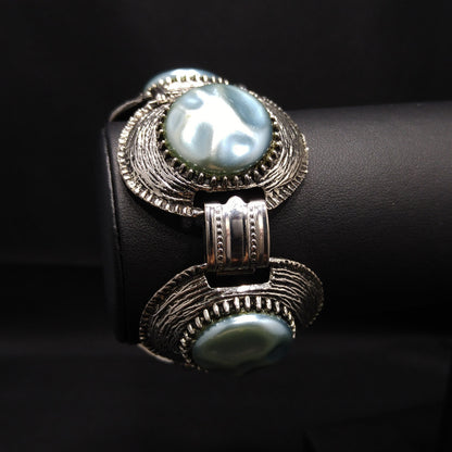 Mid-century Silver Tone Five Link Bracelet, Gold Plated, Blue Lucite Pearled & Clear
