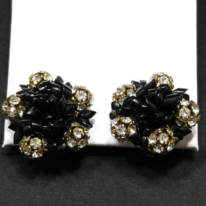 Carnegie Rhinestone Earrings, Black Glass Beads, 1950s Vintage Jewelry