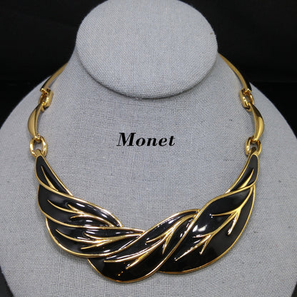 Monet Black Enamel Leaves Choker Necklace, Gold Plated, 1980s Vintage Jewelry