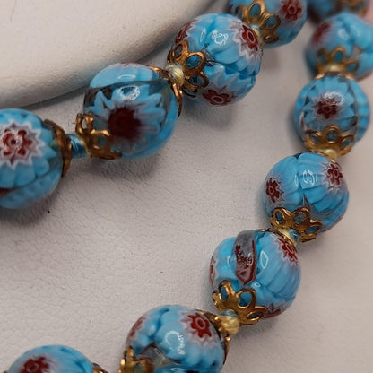 Vintage Murano Glass Floral Bead Necklace, 24 Inches, Hand-knotted, 1950s