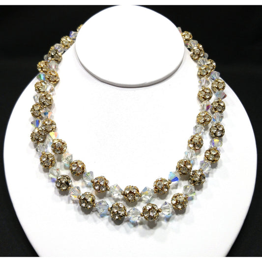 Crystal & Rhinestone Bead Two Strand Necklace, Gold Plated Rhinestone Clasp, 1960s Vintage Jewelry