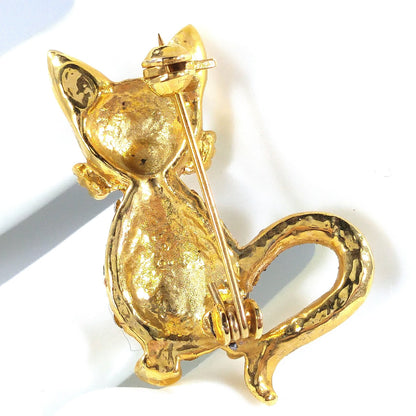 Rhinestone Cat Blue Eyes Brooch, Gold Plated, 1960s Vintage Jewelry
