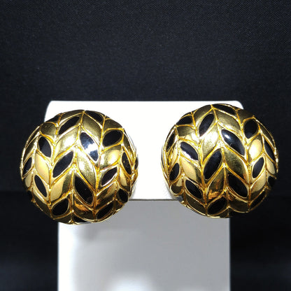 Ciner Gold & Black Clip Earrings, Gold Plated, Black Enamel, 1980s Vintage Jewelry
