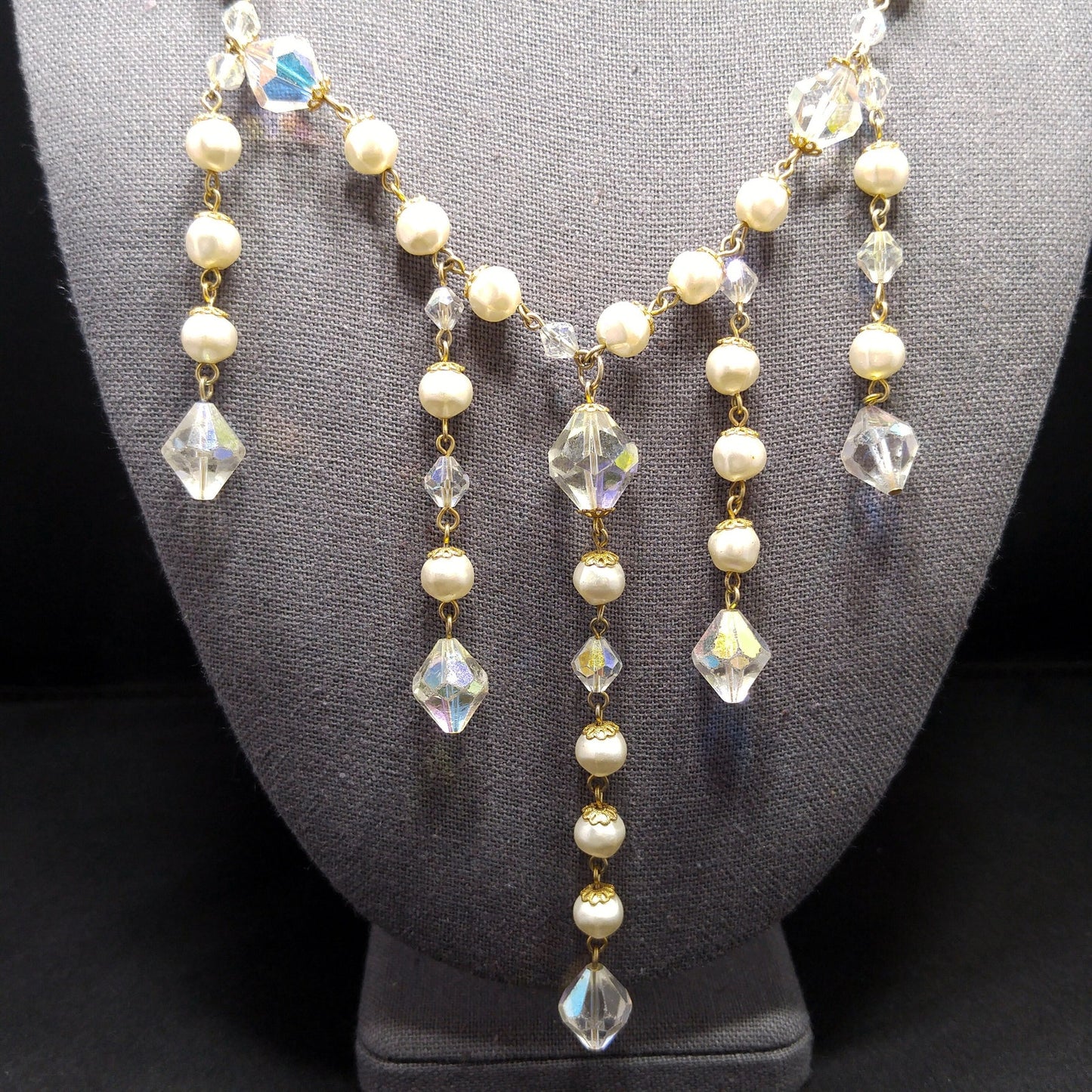 Vintage Crystal Faux Pearl Dangle Necklace, Large Aurora Borealis Crystal Beads, Vintage Jewelry