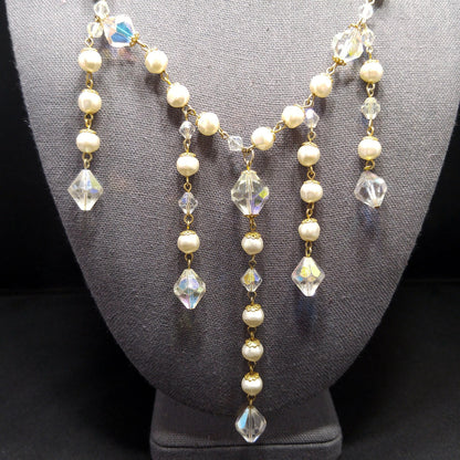 Vintage Crystal Faux Pearl Dangle Necklace, Large Aurora Borealis Crystal Beads, Vintage Jewelry