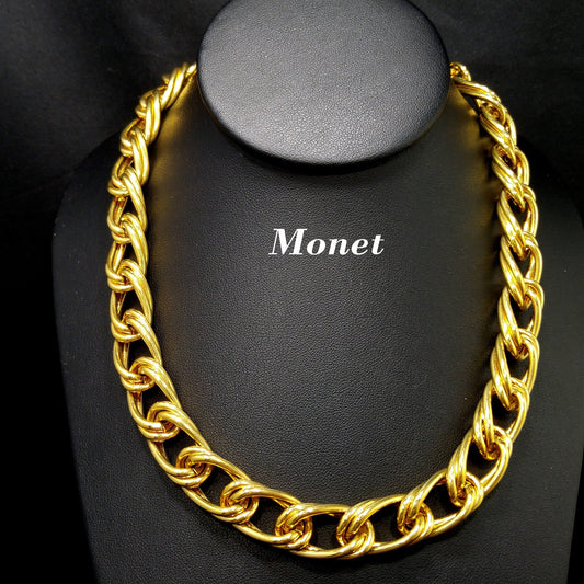 Monet Double Loop Chain Necklace, Gold Plated, 1980s Vintage Jewelry
