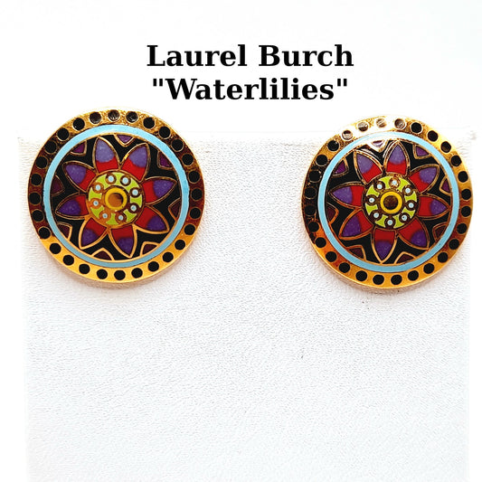 Vintage Laurel Burch Waterlilies Multicolored Enamel Gold Plated Post Earrings - 7/8 Inch