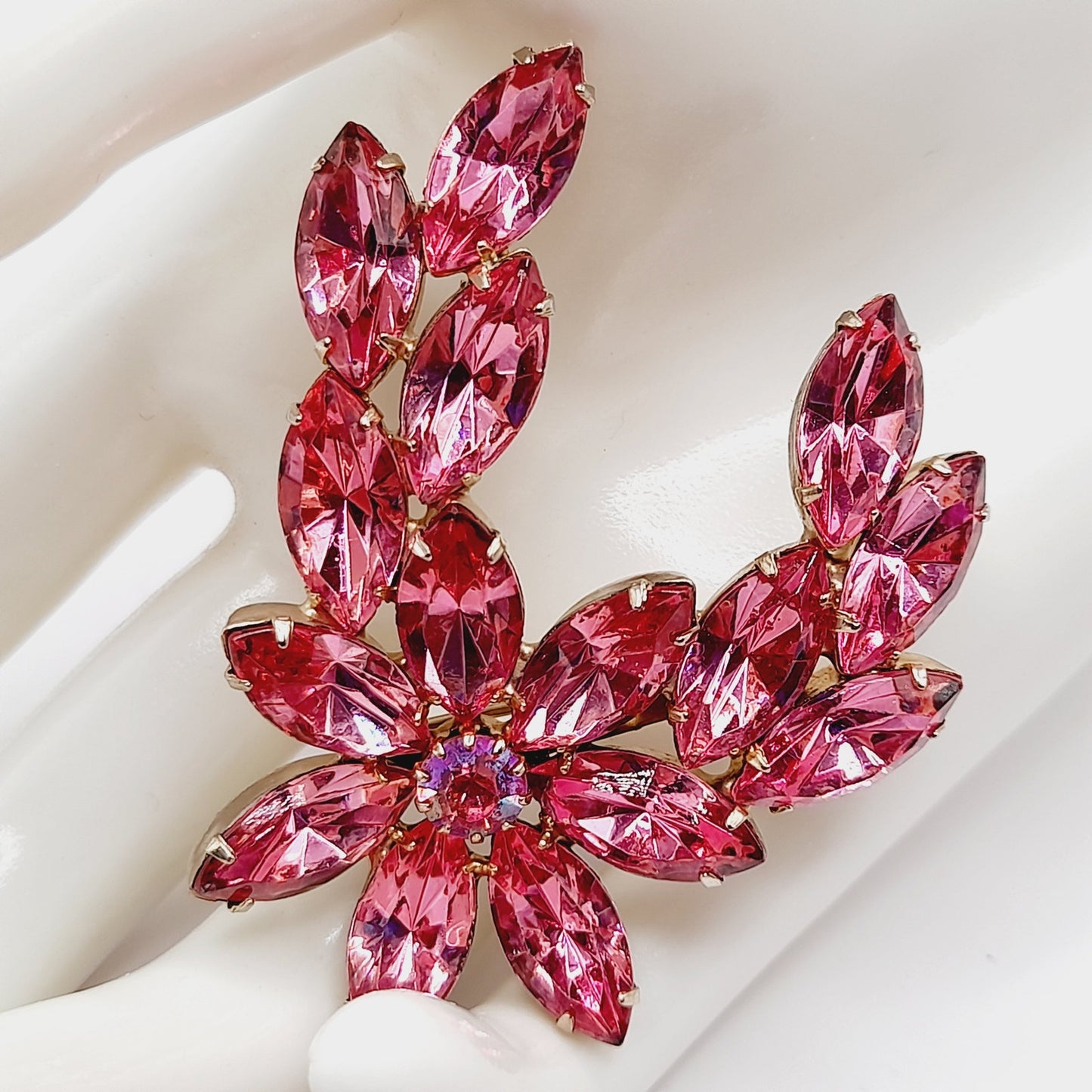 Vintage Pink Rhinestone Floral Brooch, Marquise Stones, 1950s Jewelry