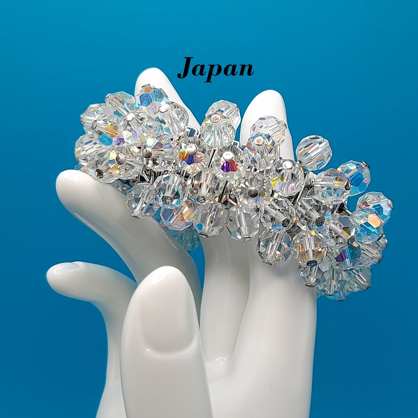 Vintage Japan Expandable Bracelet, Clear Crystal Beads, Cha Cha, 1960s Jewelry