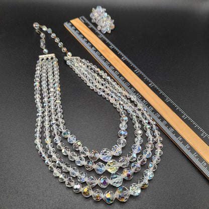 Clear Aurora Borealis Crystal Necklace Earrings Set, Four Strands, Clip Earrings, 1950s Vintage Jewelry