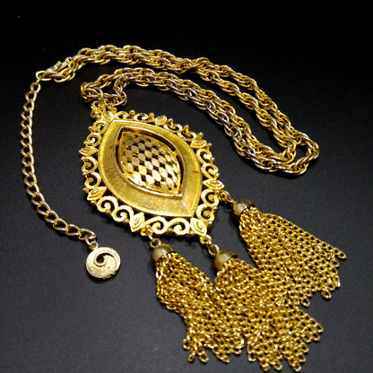 Lisner Long Pendant Necklace, Three Tassel Pendant, 1960s Vintage Jewelry