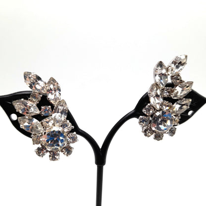 Clear Rhinestone Round Brooch Clip Earrings Set, Wedding Holiday Jewelry, 1950s Vintage Jewelry