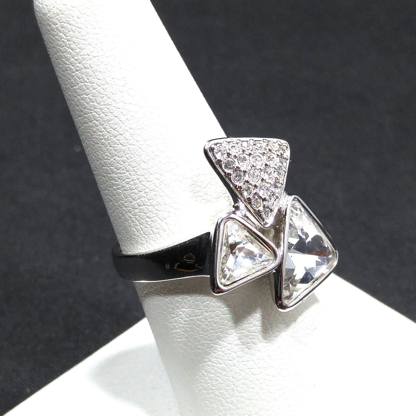 Swarovski Three Triangle Ring, Crystal & Pave, Rhodium Plated, Size 7.5