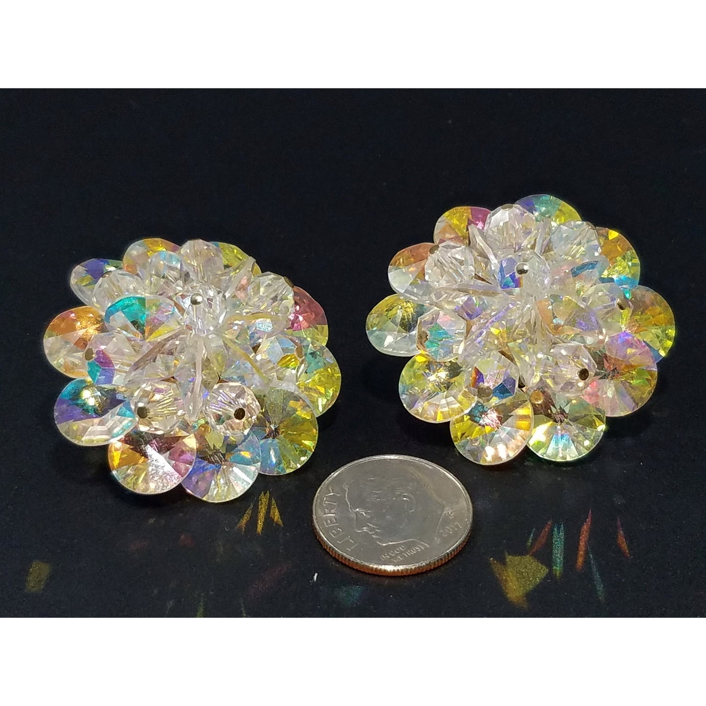 Laguna Aurora Borealis Crystal Earrings, 1950s Clip On Vintage Jewelry